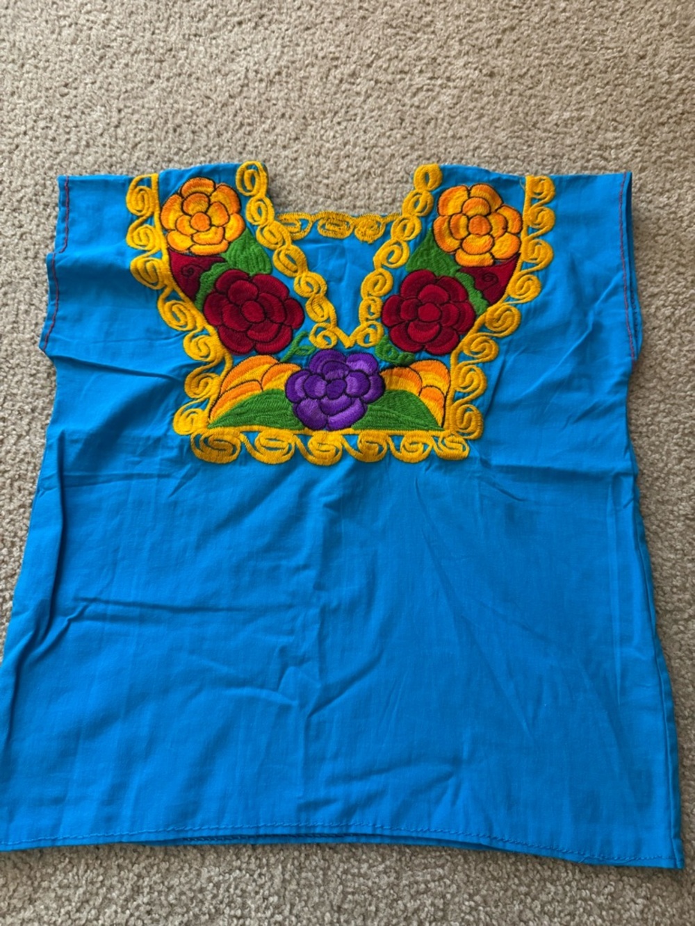 Mexican blusas Bright Blue Embroidered Mexican Tunic with Floral Yoke